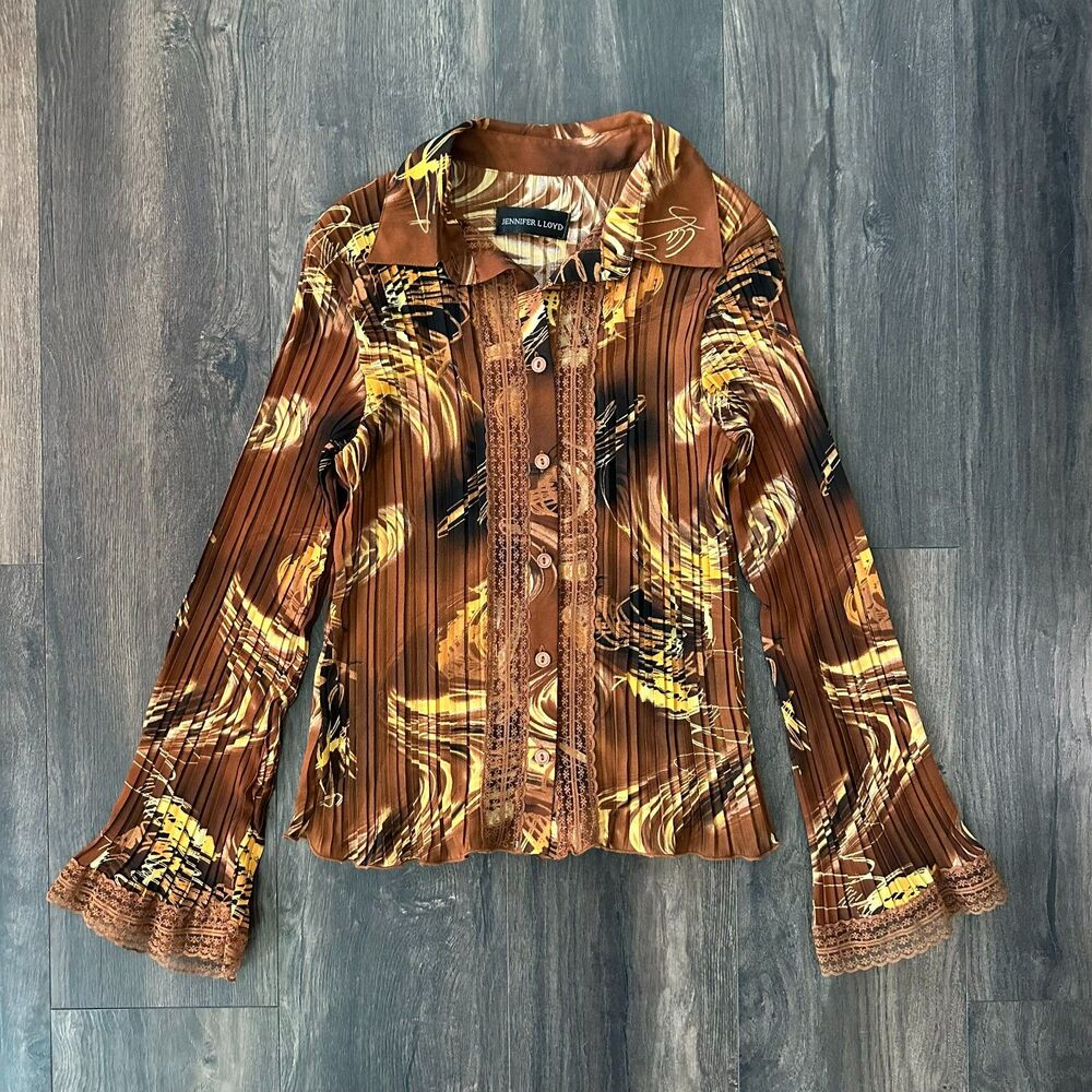 Vtg Jennifer Lloyd Pleated Ruffle Lace Button Up Collared Brown Abstract Shirt M